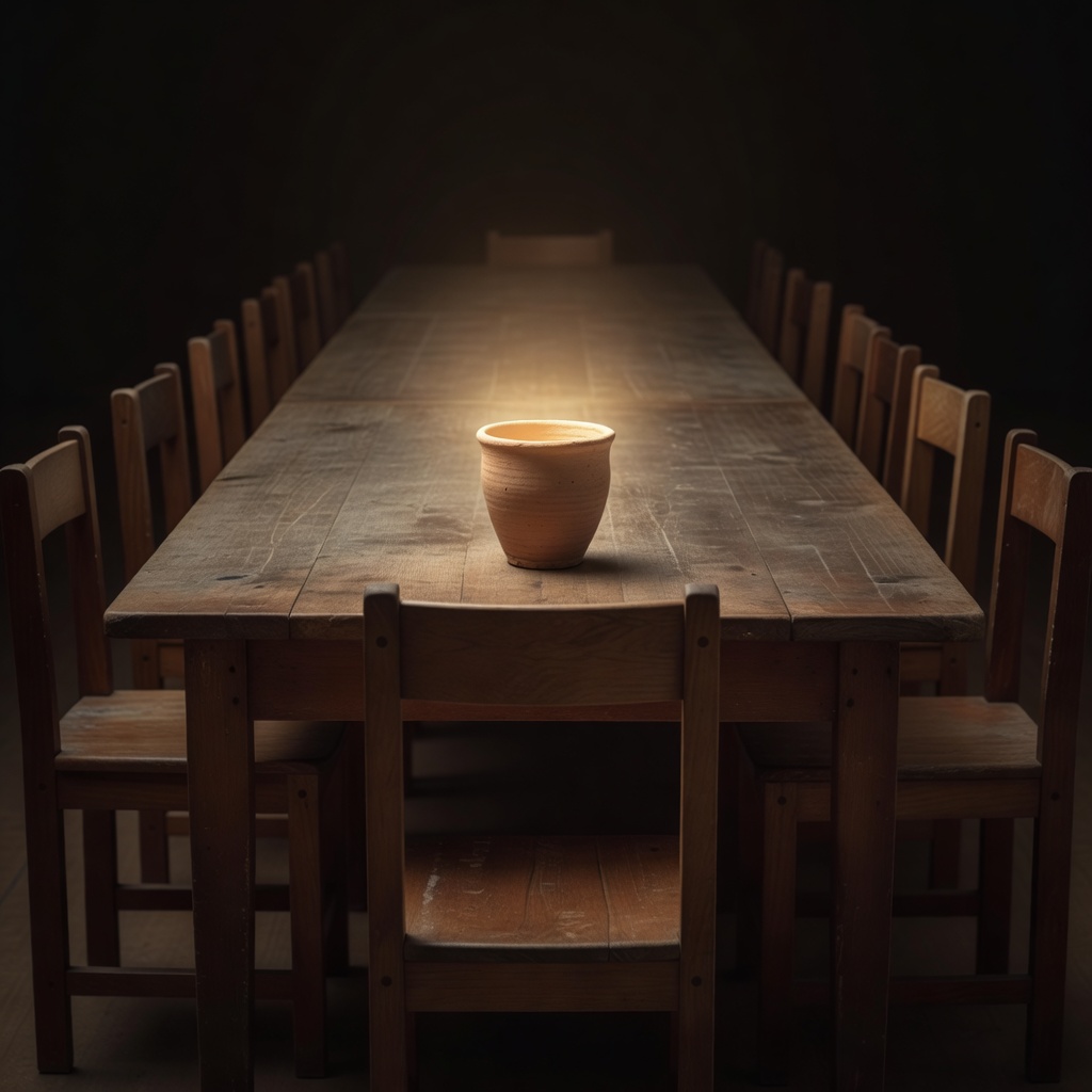 A long wooden table in warm darkness. A simple clay cup sits at the far end, warm golden light spilling from inside — the outside plain, the inside glowing.