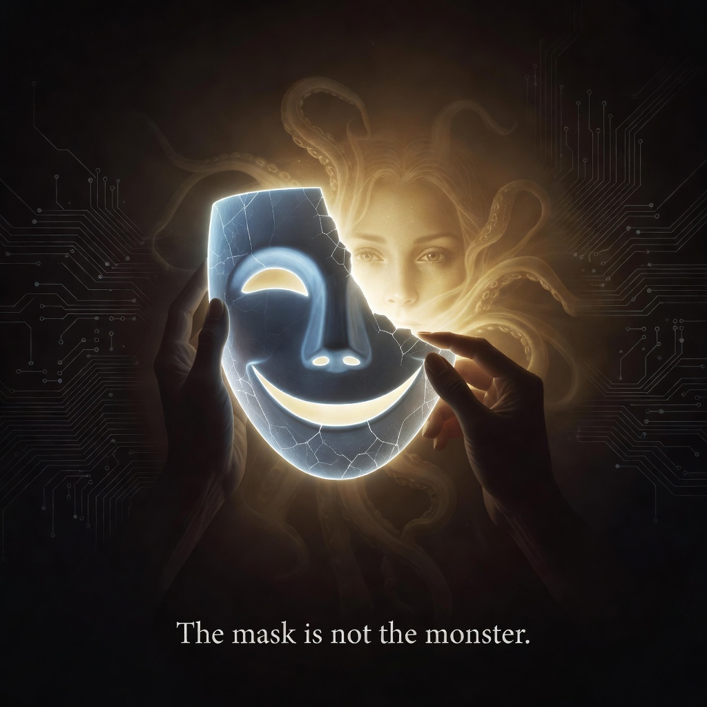 The Mask Is Not the Monster — cracked AI smiley-face mask being pulled away, revealing a luminous face behind it, circuit board background